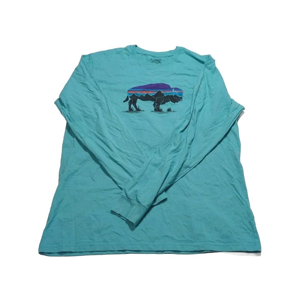 Patagonia Fitz Roy Bison Buffalo Graphic Long Sleeve Shirt Men's Large Teal - Picture 3 of 7